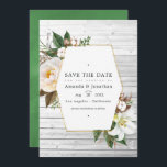 Save The Date Blanc Floral Rustic Grange Mariage campagnard phot<br><div class="desc">Mariage floral sauvez la date avec des pivoines blanches,  des herbes sauvages,  du coton et des lys avec cadre géométrique doré personnalisable selon vos spécifications d'événement. Idéal pour un thème ou un mariage de jardin.</div>