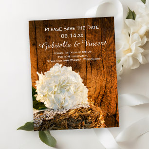 Save The Date Blanc Hydrangea Grange mariage en bois Enregistrer