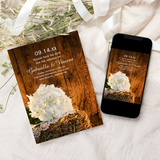 Save The Date Blanc Hydrangea Grange mariage en bois Enregistrer