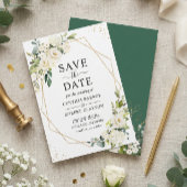 Save The Date Blanc ivoire Vert Floral moderne Or géométrique