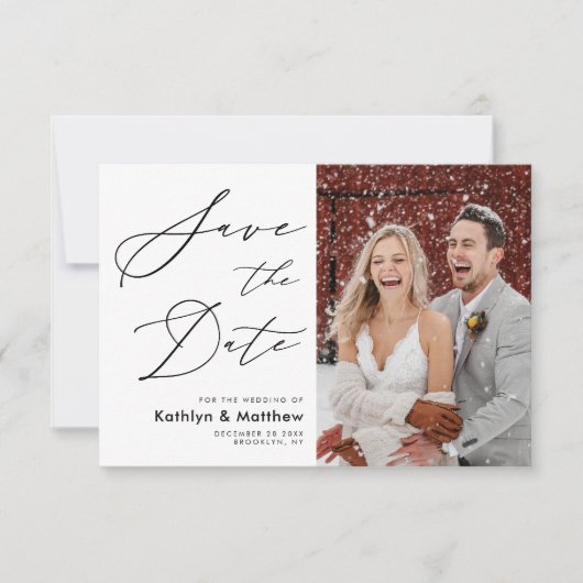 Save The Date Blanc naturel Élégant Script Mariage photo moderne (Devant)