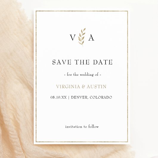 Save The Date Blanc noir minimal | Mariage de bordure en or feui