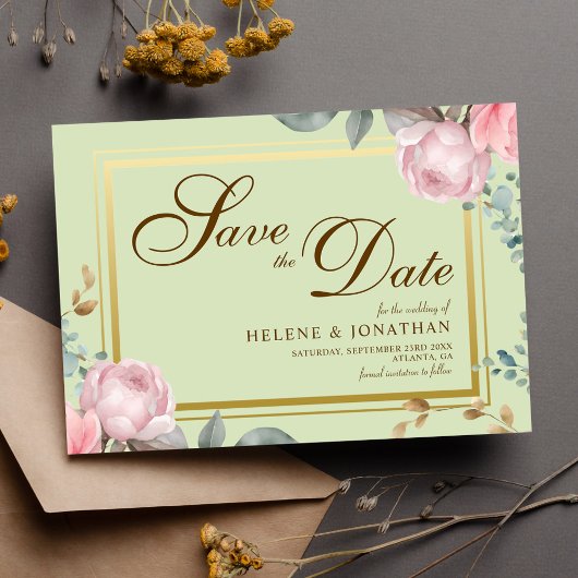 Save The Date Blanc Rose Sage Vert Floral Élégant Mariage