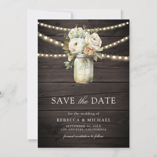 Save The Date Blanc Roses Mason Jar Photo Mariage bois (Devant)