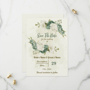 Save The Date blanc & sauge vert fleurs mariage botanique