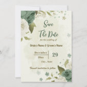Save The Date blanc & sauge vert fleurs mariage botanique (Devant)