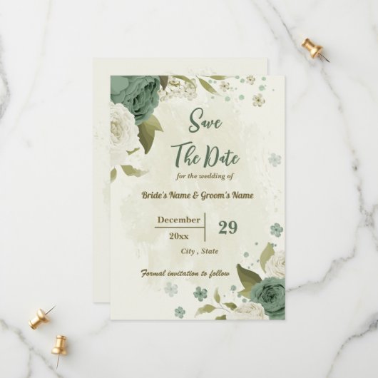Save The Date blanc & sauge vert fleurs mariage botanique (Devant/Arrière en situation)