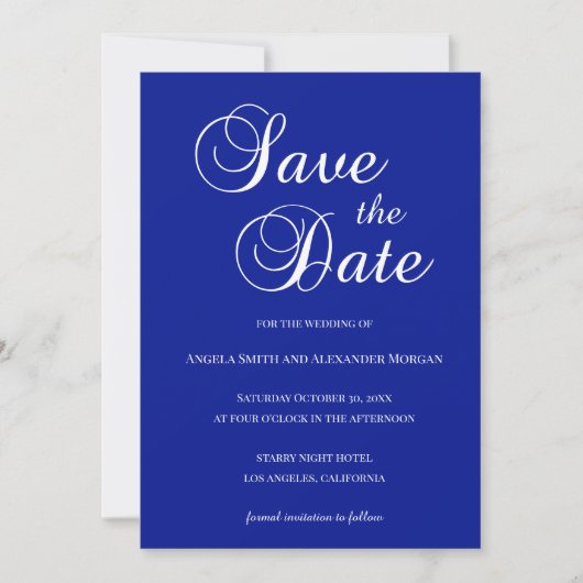 Save The Date Blanc sur Bleu Royal Décoratif Script (Devant)