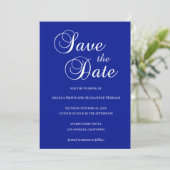 Save The Date Blanc sur Bleu Royal Décoratif Script (Debout devant)