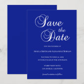 Save The Date Blanc sur Bleu Royal Décoratif Script (Devant / Derrière)