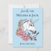 Save The Date Blanc Unicorne rose Fleurs Bleu (Devant)