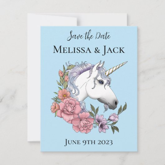 Save The Date Blanc Unicorne rose Fleurs Bleu (Devant)
