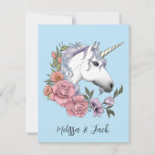 Save The Date Blanc Unicorne rose Fleurs Bleu (Dos)
