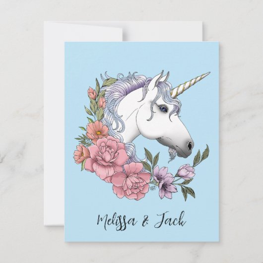 Save The Date Blanc Unicorne rose Fleurs Bleu (Dos)