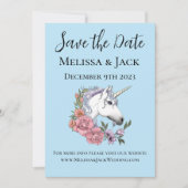 Save The Date Blanc Unicorne rose Fleurs Bleu (Devant)