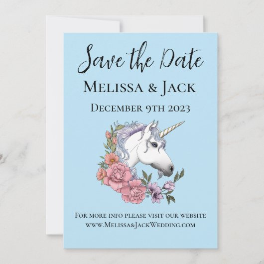 Save The Date Blanc Unicorne rose Fleurs Bleu (Devant)