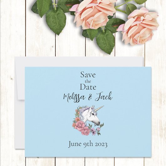 Save The Date Blanc Unicorne rose Fleurs Bleu