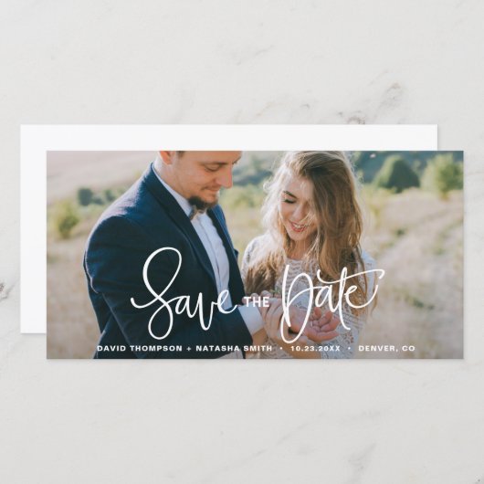 Save The Date Blancs joli main Lettering Enregistrer la photo Da (Devant / Derrière)