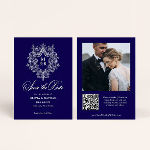 Save The Date Blason Antique Formel Bleu Foncé   Photo et Code Q