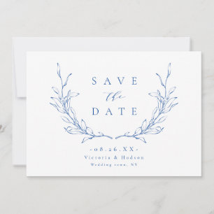 Save The Date Blason botanique d'élégance simple bleu monogramme