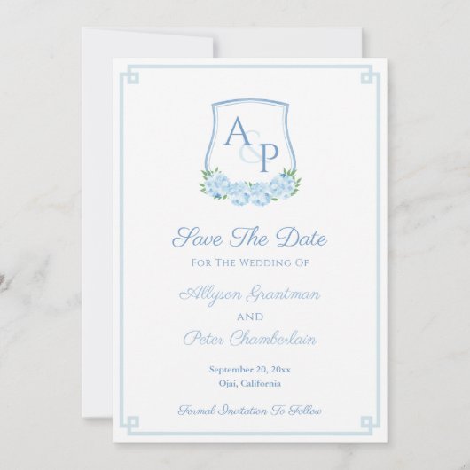 Save The Date Blason de mariage à monogramme botanique bleu aqua (Devant)