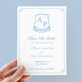Save The Date Blason de mariage à monogramme botanique bleu aqua