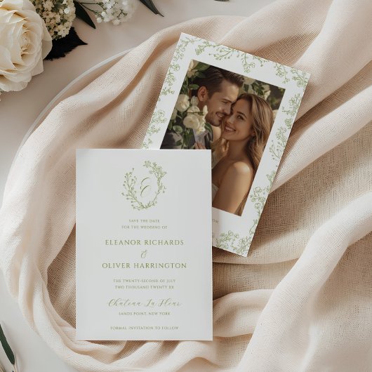 Save The Date Blason de monogramme floral en ligne d'olive pour 