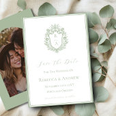 Save The Date Blason de monogramme vert sauge et photo