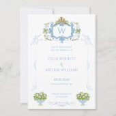 Save The Date Blason Monogramme Bleu de Style Rococo pour Mariag (Devant)