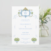 Save The Date Blason Monogramme Bleu de Style Rococo pour Mariag (Debout devant)