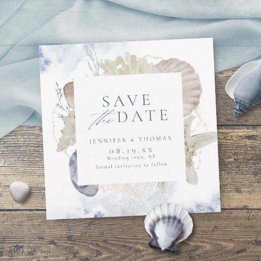 Save The Date Bleu aquarelle corail & coquillages plage mariage