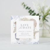 Save The Date Bleu aquarelle corail & coquillages plage mariage (Debout devant)
