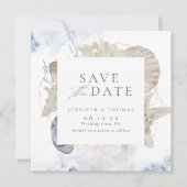 Save The Date Bleu aquarelle corail & coquillages plage mariage (Devant)