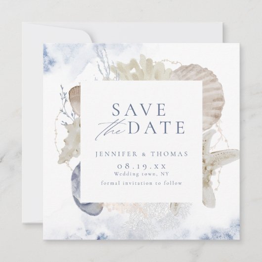 Save The Date Bleu aquarelle corail & coquillages plage mariage (Devant)