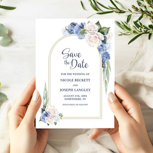Save The Date Bleu blanc Arc Floral Mariage Enregistrer la date