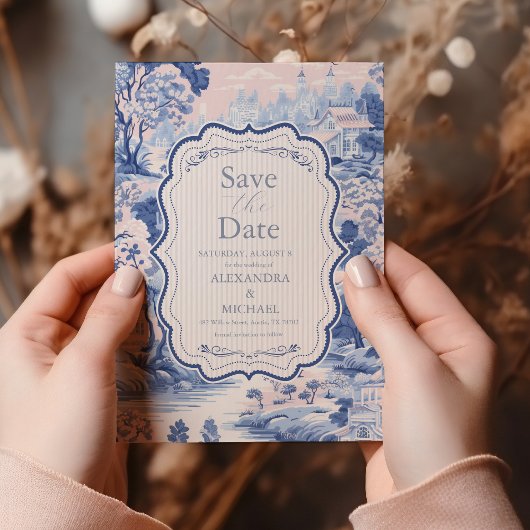 Save The Date Bleu Blanc Chinoiserie Floral Porcelaine Mariage