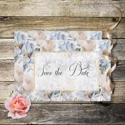 Save The Date Bleu & blanc Rustique Floral Gold Frame Blanc