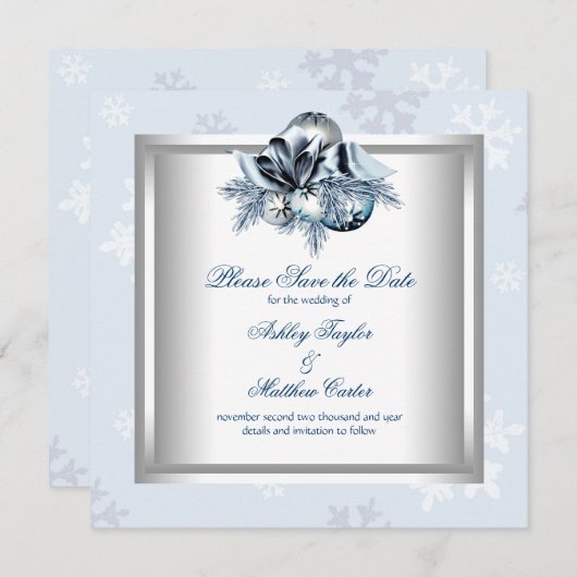 Save The Date Bleu blanc Snowflake Mariage d'hiver Enregistrer l (Devant / Derrière)