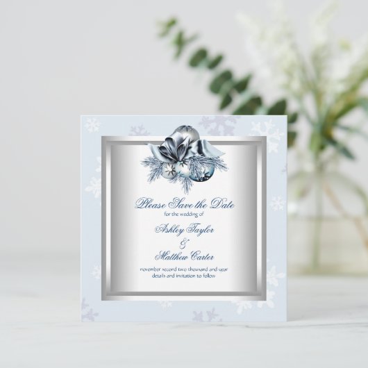 Save The Date Bleu blanc Snowflake Mariage d'hiver Enregistrer l (Debout devant)
