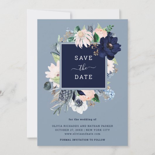 Save The Date Bleu bleu marine floral (Devant)