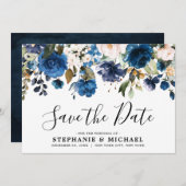 Save The Date Bleu bleu marine Florals Botanique Enregistrer la  (Devant / Derrière)