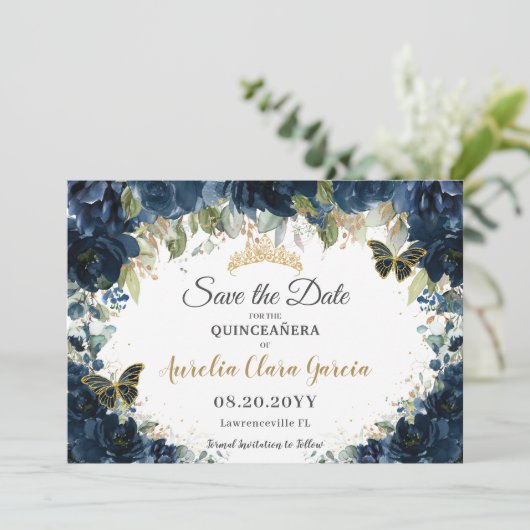 Save The Date Bleu bleu marine Quinceañera Enregistrer la date (Debout devant)