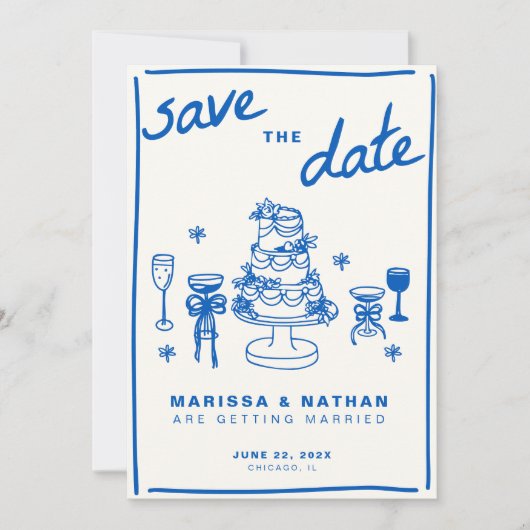 Save The Date Bleu dessiné ensemble Mariage (Devant)