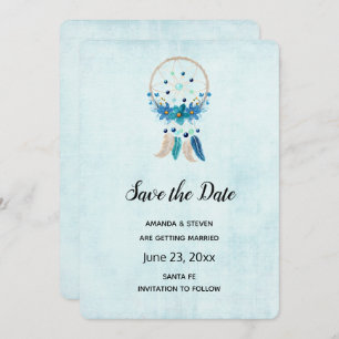 Save The Date Bleu Dreamcatcher avec Fleurs & Plumes