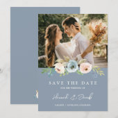 Save The Date Bleu Dusty Elegant Floral Rustic Photo (Devant / Derrière)