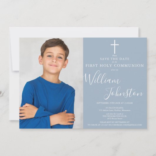 Save The Date Bleu Dusty Elegant Première Sainte Communion Photo (Devant)
