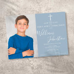 Save The Date Bleu Dusty Elegant Première Sainte Communion Photo<br><div class="desc">Élégante signature de la première sainte communion enregistrez l'invitation de la date avec un nom de signature de script élégant et une photo spéciale sur un arrière - plan bleu poussiéreux. Personnalisez avec vos informations spéciales d'évènement par des lettres chic. Conçu par Thisisnotme©</div>