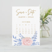 Save The Date Bleu Dusty Élégant rose Floral Rustique Mariage (Debout devant)