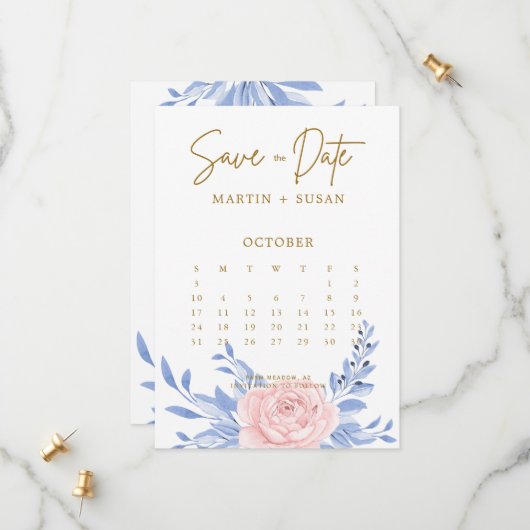 Save The Date Bleu Dusty Élégant rose Floral Rustique Mariage (Devant/Arrière en situation)