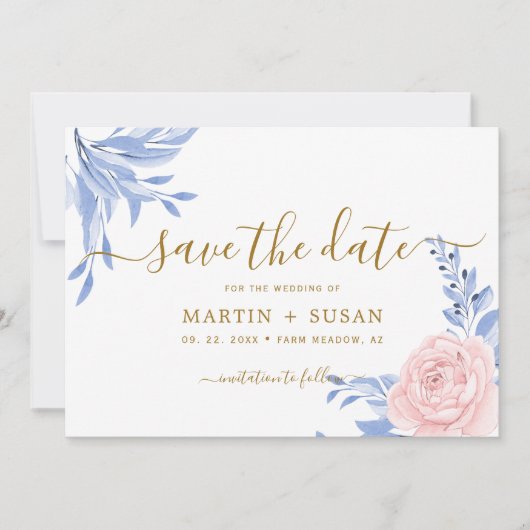Save The Date Bleu Dusty Élégant rose Floral Rustique Mariage (Devant)